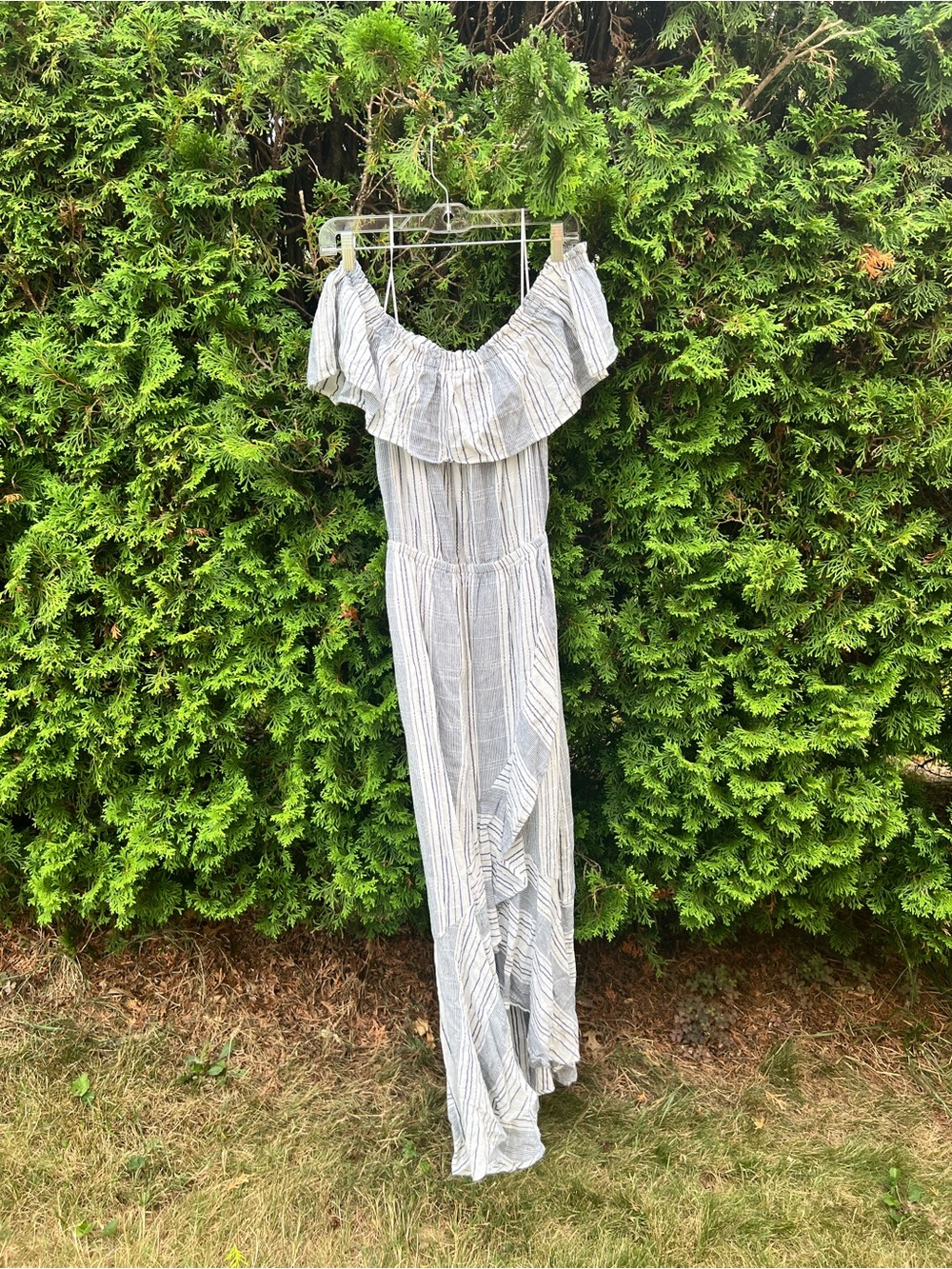 Off-Shoulder Striped Maxi Dress in white and blue stripes